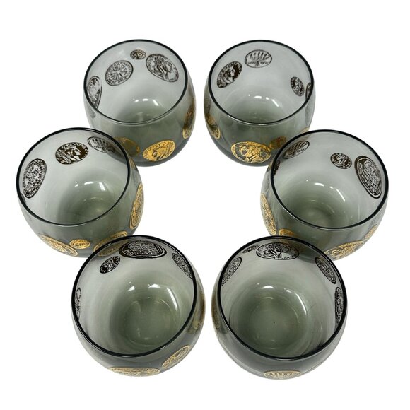 Federal Glass Roman Coin Roly Poly Smoky Lowball Cocktail Glasses MCM - Picture 2 of 13